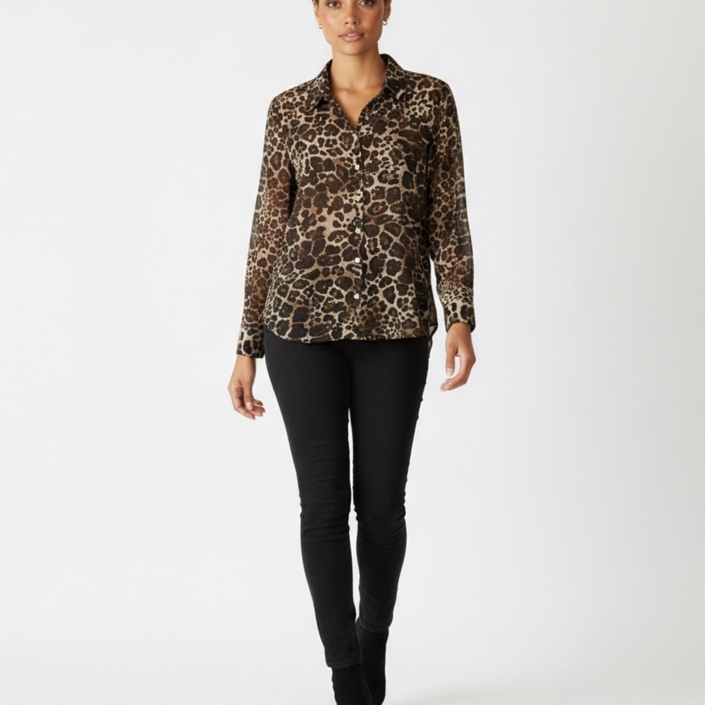 Bailey 44 Leopard Print Button-Up Long Sleeve Sheer Classic Women's L Top Blouse